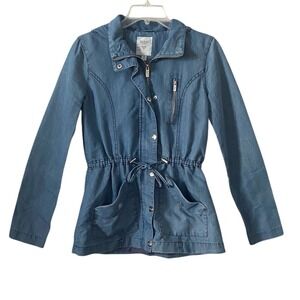 GUESS Women's Denim Utility Jacket Blue Chambray‎ Drawstring Hooded Size Small